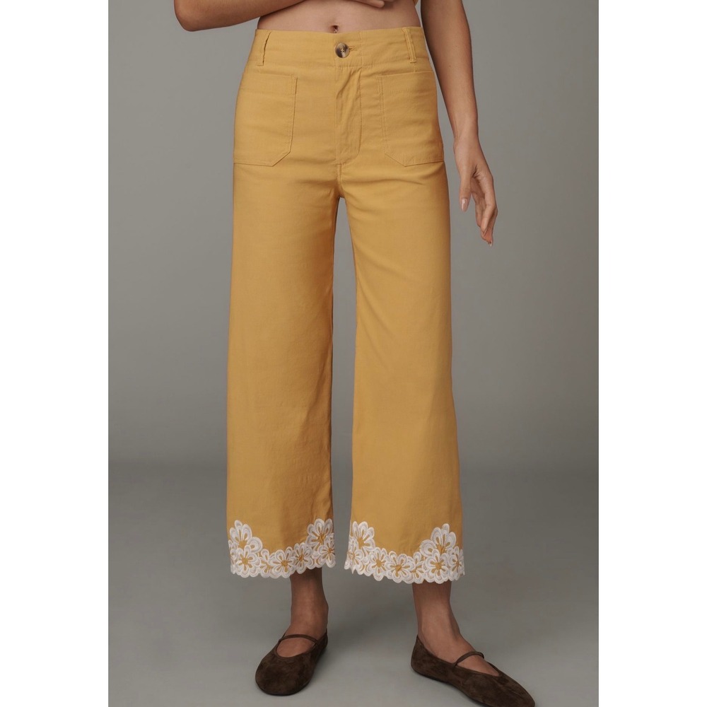 Maeve Anthropologie The Colette Mustard Yellow Embroidered Wide Leg Crop Pants